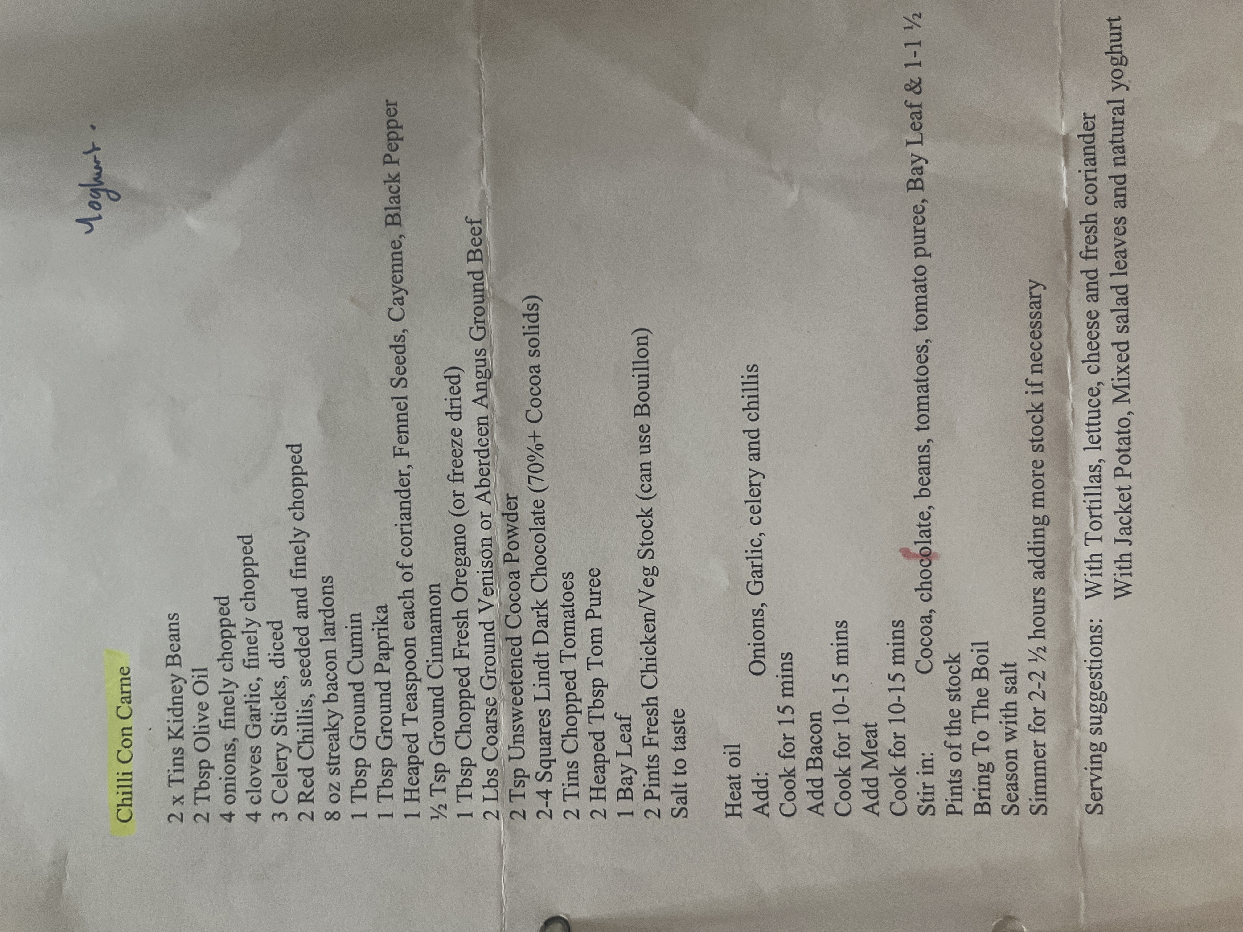 Original handwritten Chilli Con Carne recipe — page 1