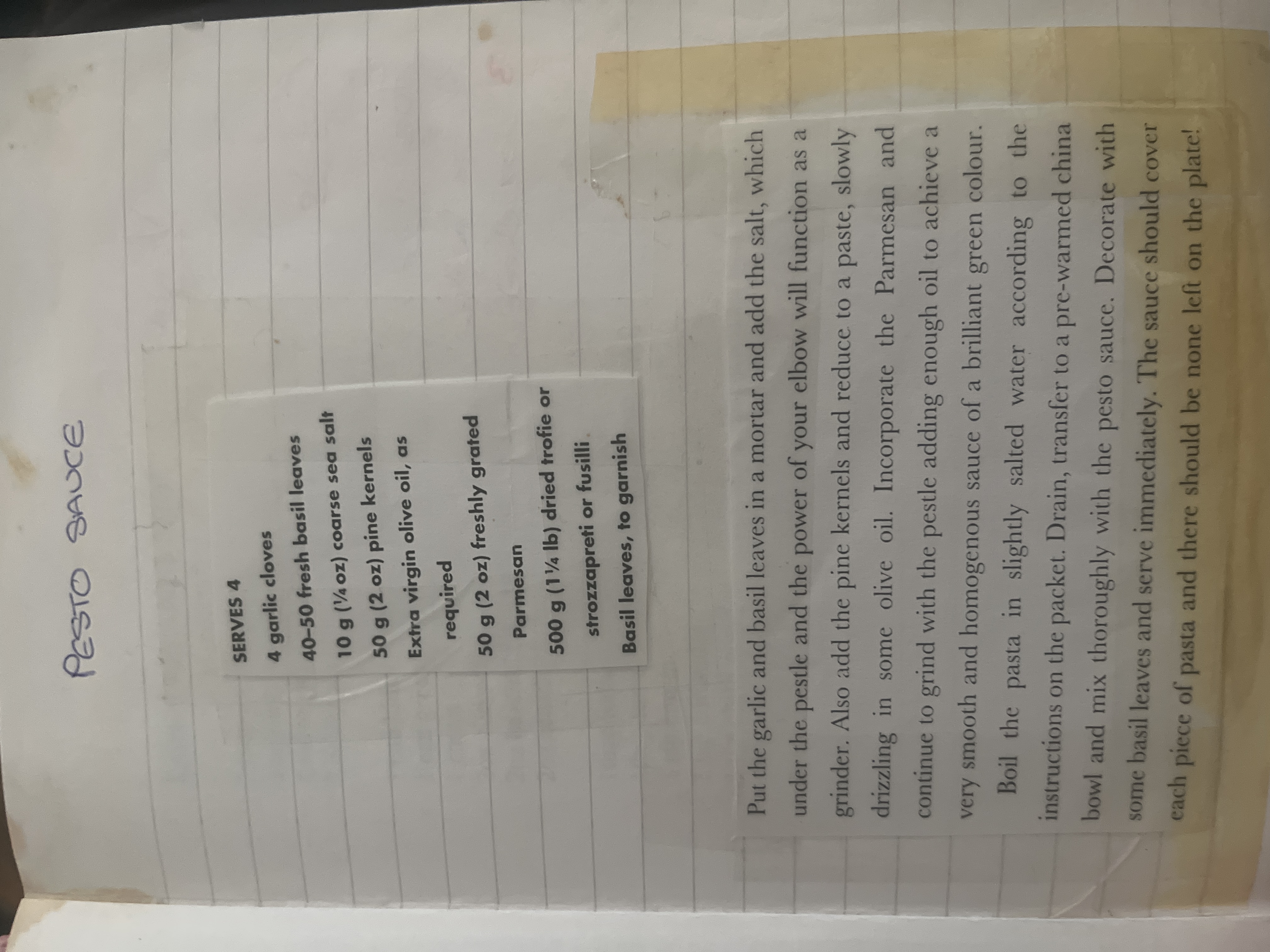 Original handwritten Pesto Sauce recipe — page 1