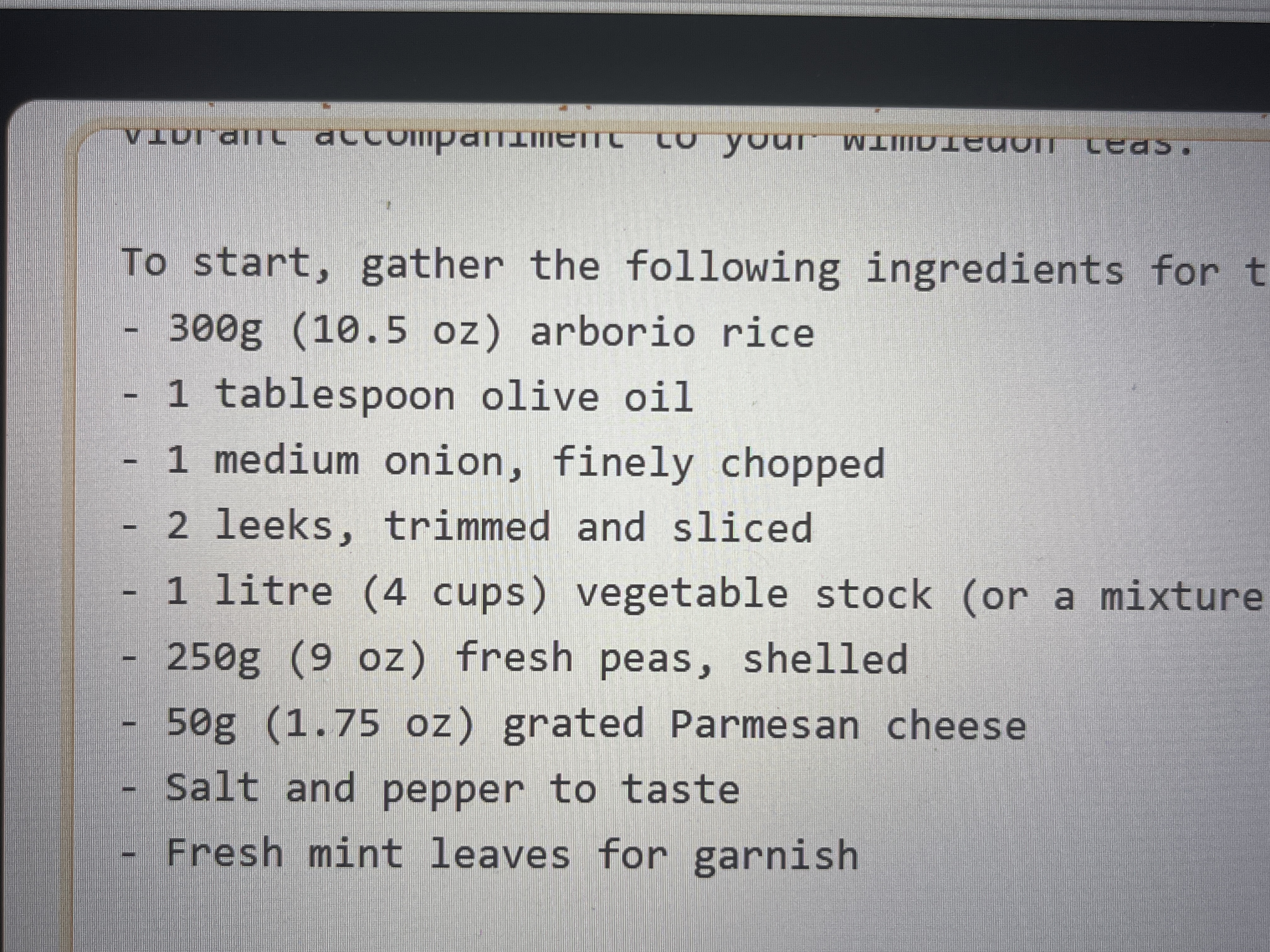 Original handwritten Risotto with Peas and Leeks recipe — page 1