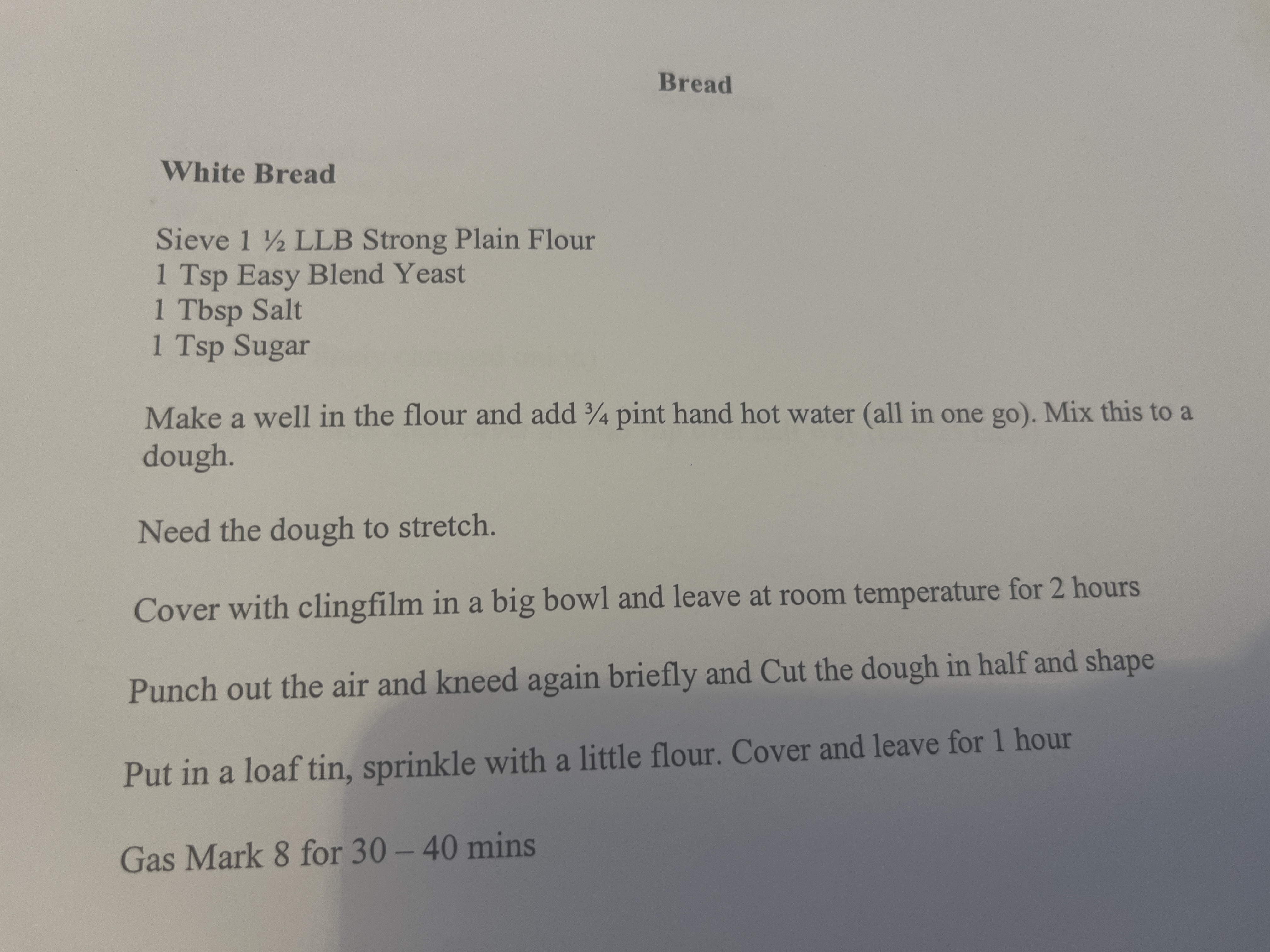 Original handwritten White Bread recipe — page 1
