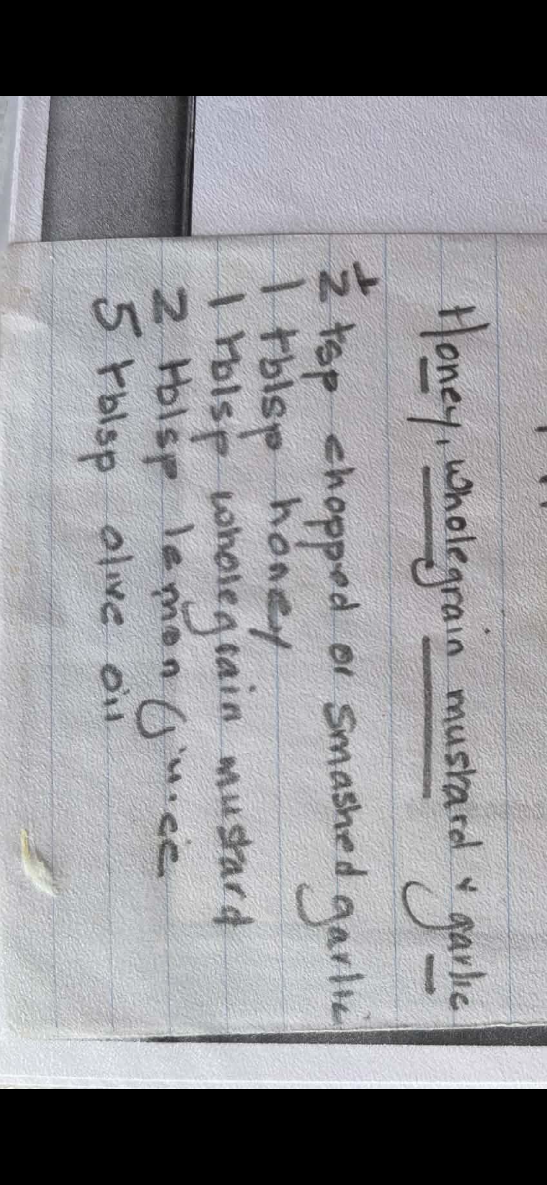 Original handwritten Honey, Wholegrain Mustard & Garlic Dressing recipe — page 1