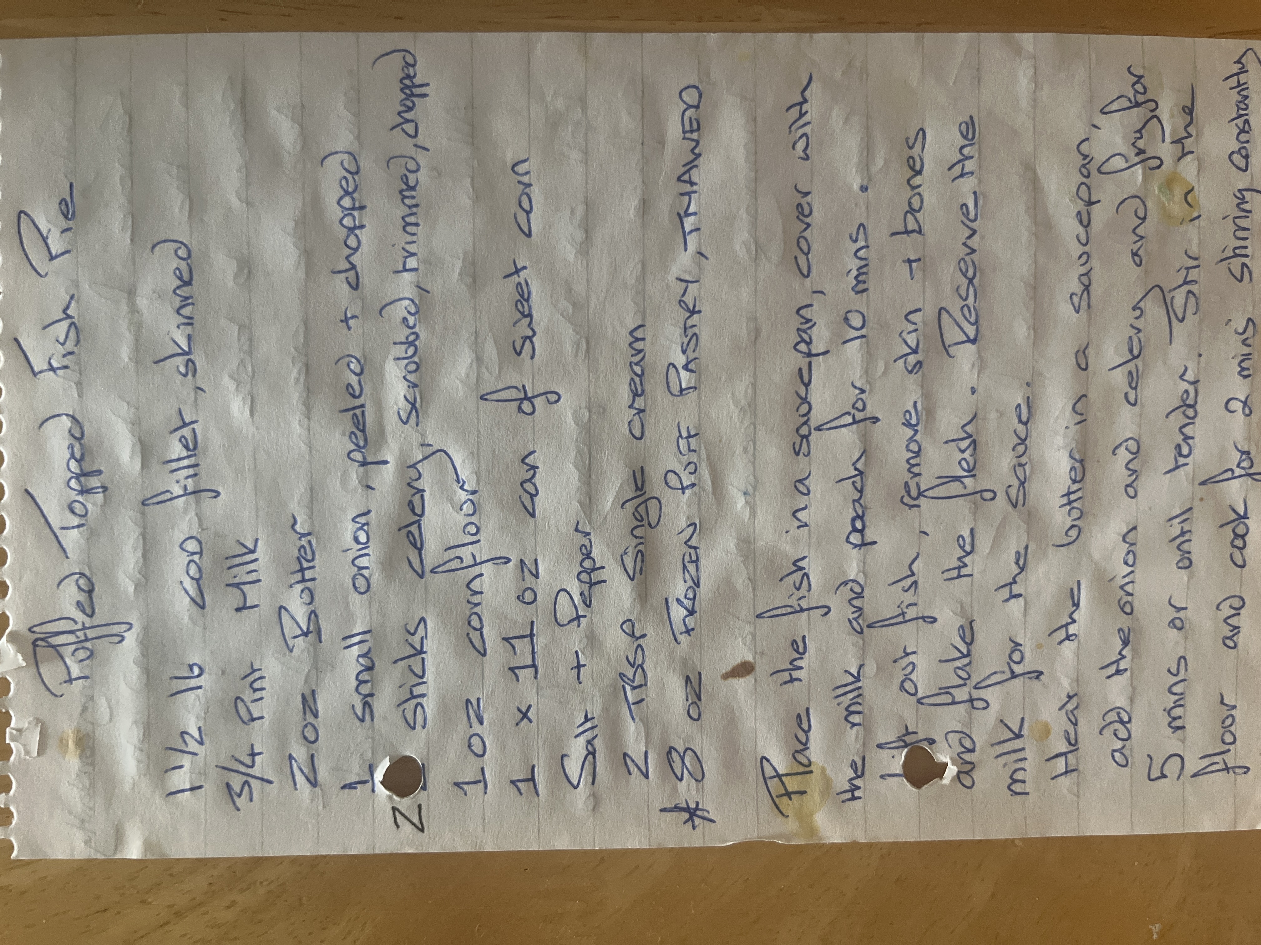 Original handwritten Puffed Topped Fish Pie recipe — page 1