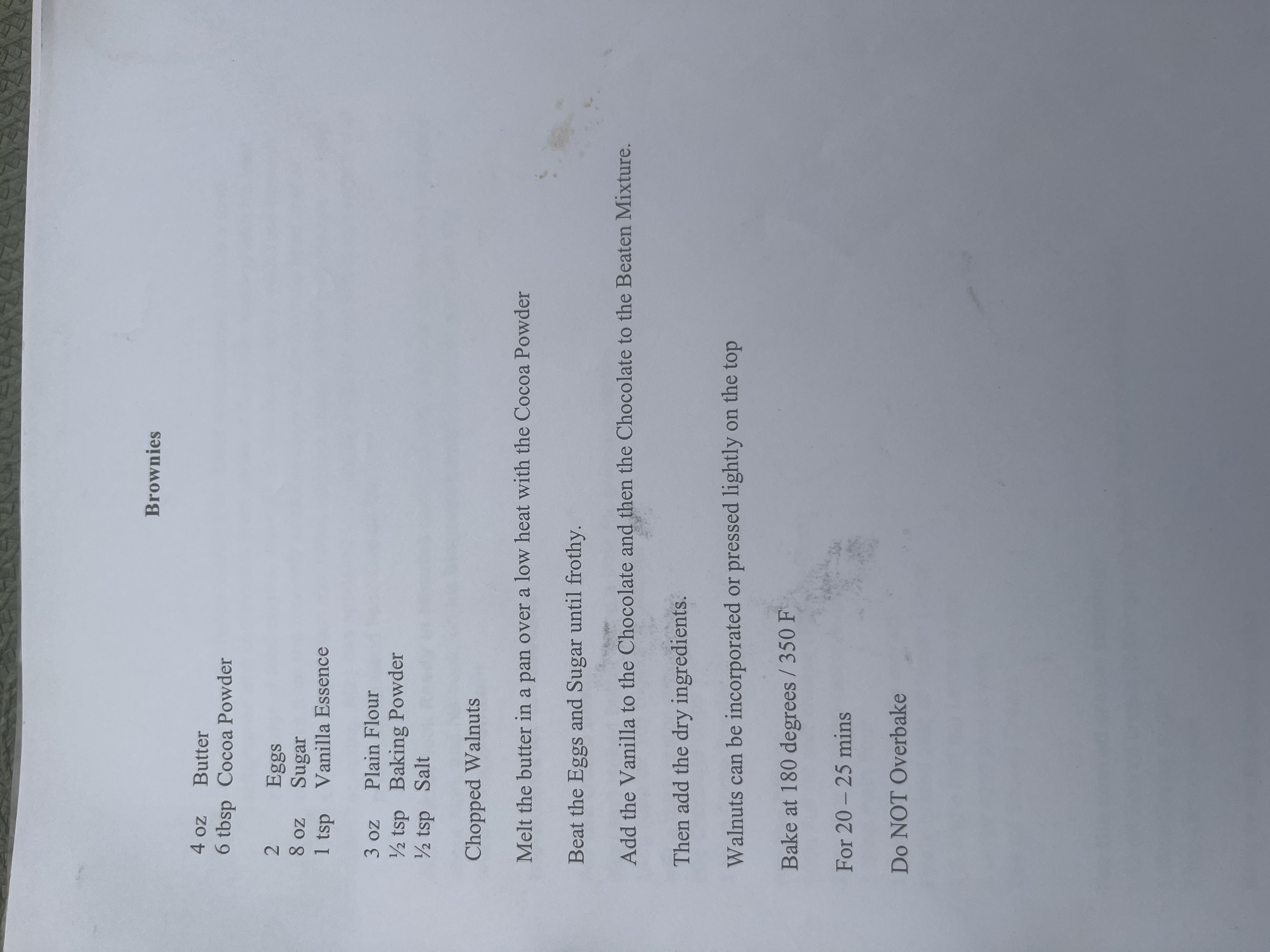 Original handwritten Brownies (from the Yellow Book) recipe — page 1