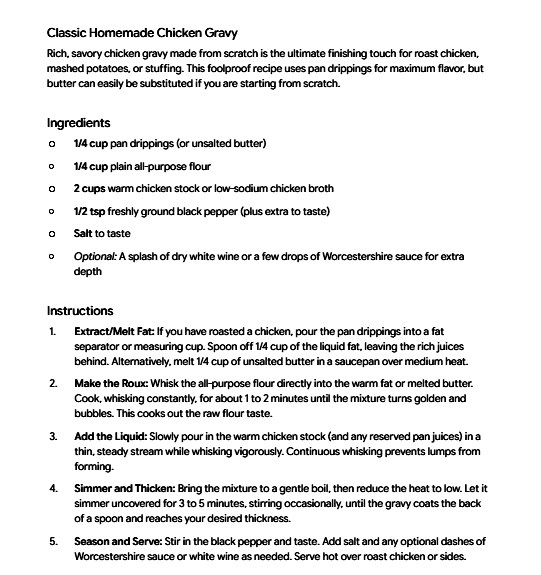 Original handwritten Classic Homemade Chicken Gravy recipe — page 1
