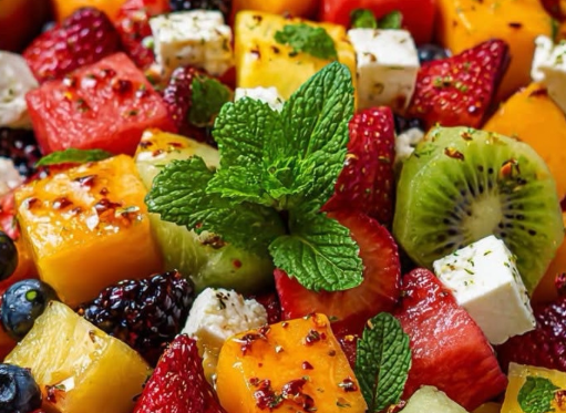 Fresh Fruit & Feta Cubes with Hot Honey-Mint Drizzle — recipe by Instagram