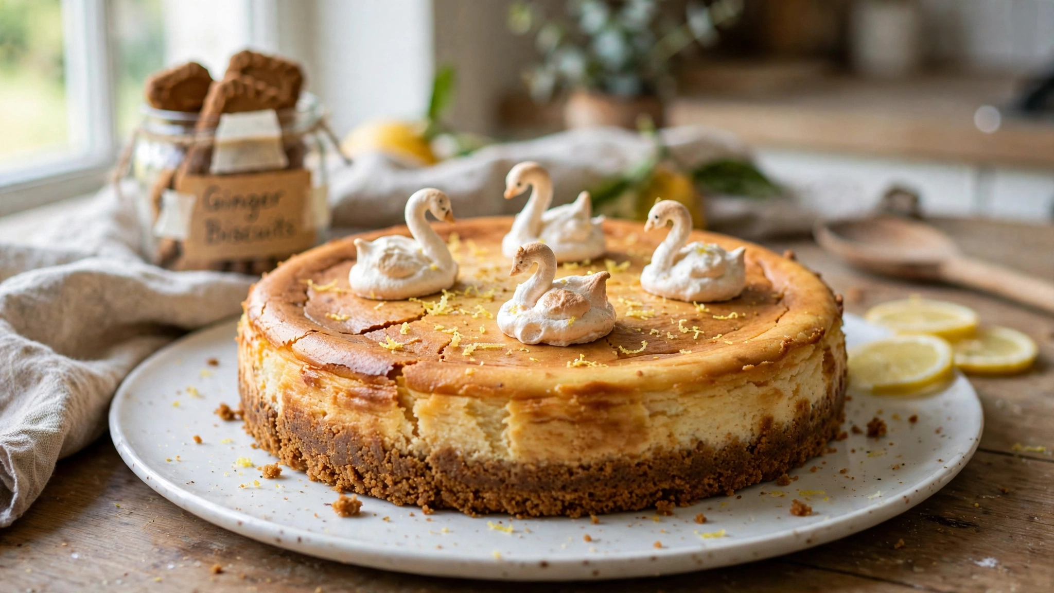 Classic Baked Lemon Cheesecake with Ginger Biscuit Base & Swan Meringues — recipe by katplaystennis