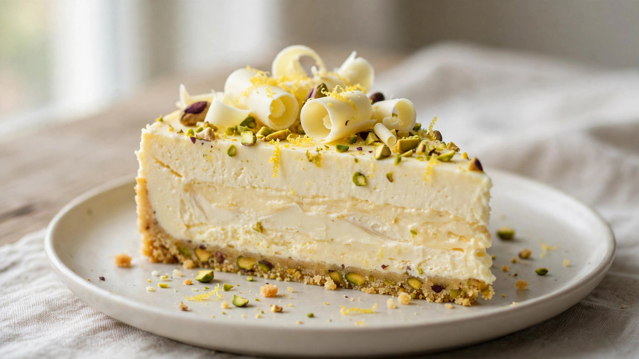 Lemon White Chocolate and Pistachio Cheesecake — recipe by katplaystennis