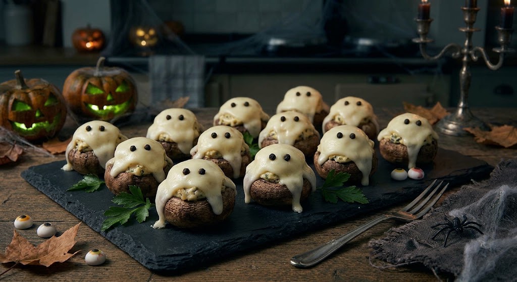 Ghostly White Cheddar & Garlic Stuffed Mushrooms — recipe by J_C