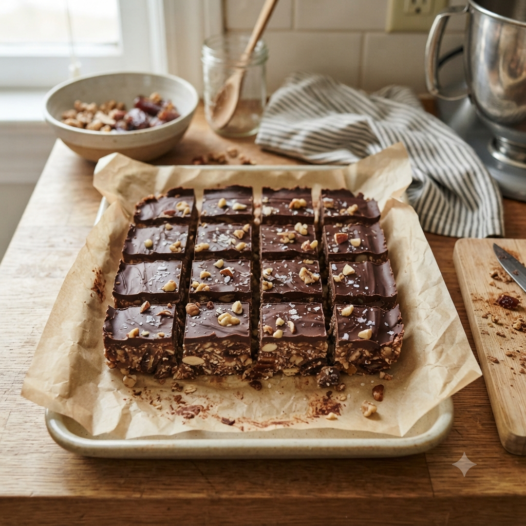 No-Bake Date & Nut Chocolate Bars — recipe by Pinterest