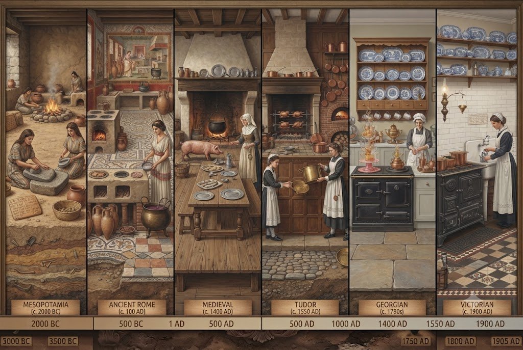 A timeline of kitchens through history — from a Mesopotamian hearth (c.2000 BC) through Ancient Rome, medieval, Tudor, Georgian, and Victorian scenes.