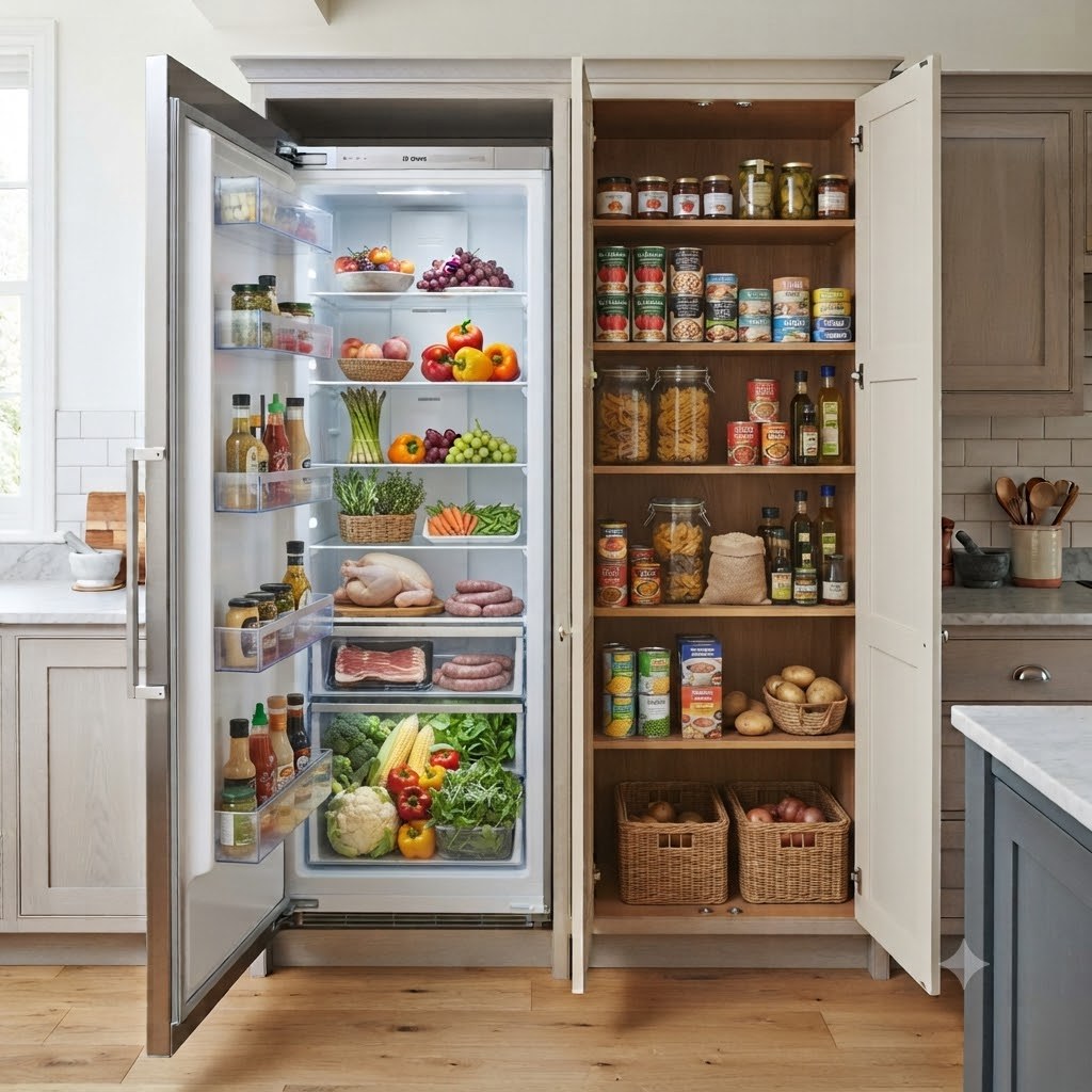 A tall modern open fridge full of fresh fruit, vegetables and meat, next to an open pantry stacked with jars, cans, sauces and spices — everything Recipe Creator can turn into a meal.